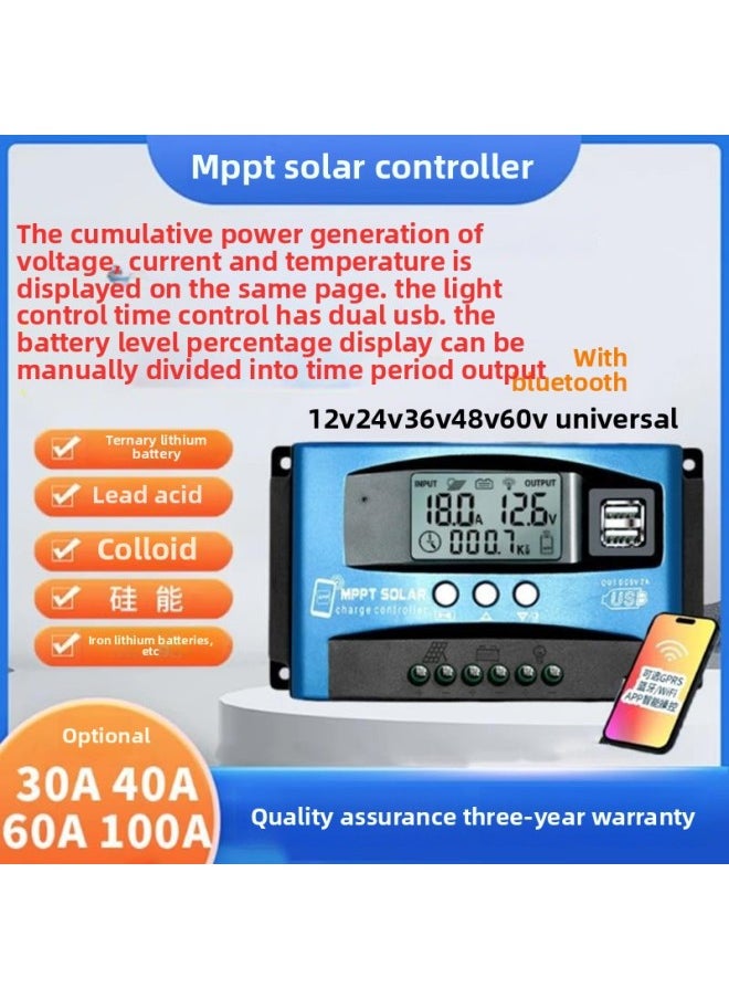 MPPT Solar Controller 30A100A Automatic Charging And Discharging Universal 12v24V36V48V60 Photovoltaic Generator-Color:Mppt 12v24v36v48v60v30a Universal Mobile Phone App Bluetooth