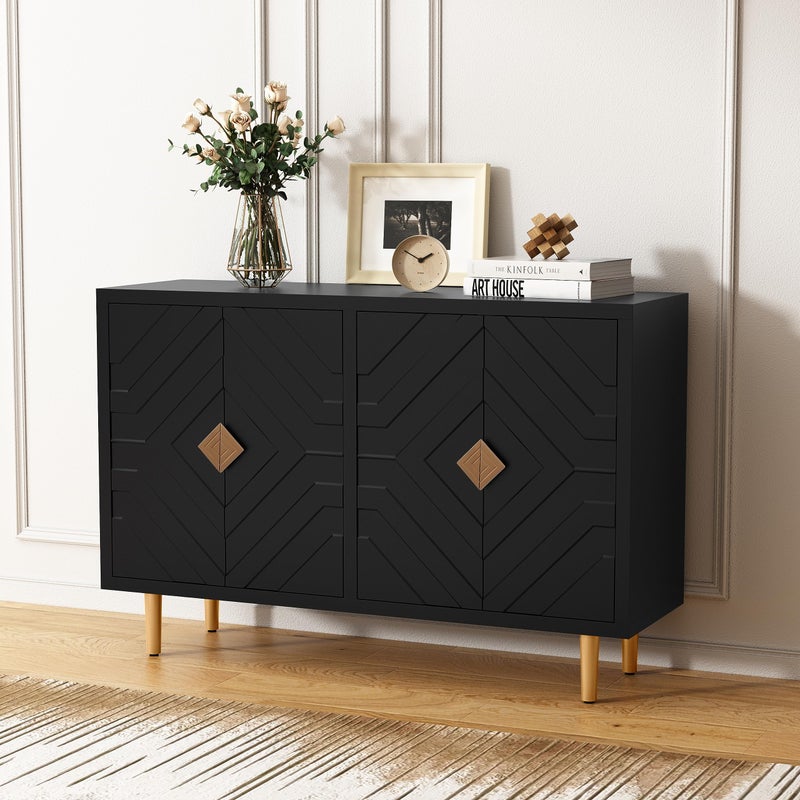 HLR 48 Accent Cabinet with 4 Doors and Shelves Modern Sideboard Buffet Cabinet with Decorative Embossed Pattern Doors Credenza Storage Cabinet for Living Room Kitchen Dining Room Hallway