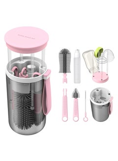 Hihonor Travel Baby Bottle Brush Set with Extendable Liquid Silicone Bottle Brush， Brush，Built-in Bottle Drying Rack，Straw Cleaner Brush，Baby Bottle Soap Dispenser，Bottle Warmer (Pink)  - Image 1