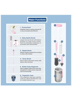 Hihonor Travel Baby Bottle Brush Set with Extendable Liquid Silicone Bottle Brush， Brush，Built-in Bottle Drying Rack，Straw Cleaner Brush，Baby Bottle Soap Dispenser，Bottle Warmer (Pink)  - Image 3