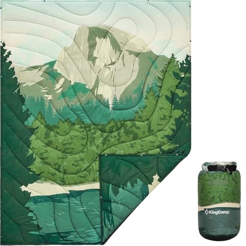 KingCamp Ultralight Camping Blanket Packable Down Alternative Puffy Printed Wearable Blanket with Snap Buttons  Corner Loops Weatherproof Quilt for Outdoor Travel Stadium 79L x 57W GREEN