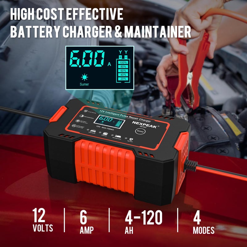 Nexpeak Nc101 Car Battery Charger  Smart Battery Trickle Charger 12V 6A Automotive Battery Maintainer Desulfator With Temp Compensation For Car Truck Motorcycle Lawn Mower Marine Lead Acid Batteries - Image 2