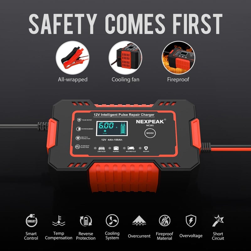 Nexpeak Nc101 Car Battery Charger  Smart Battery Trickle Charger 12V 6A Automotive Battery Maintainer Desulfator With Temp Compensation For Car Truck Motorcycle Lawn Mower Marine Lead Acid Batteries - Image 4