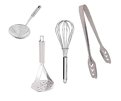 Vessel Crew Combo of Stainless Steel Potato Masher Egg Whisker Deep Fry Strainer and Momos Tong Set of 4pcs - Image 1