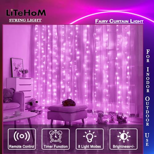 Litehom 300 LED Fairy Curtain String Lights – USB Powered Remote-Controlled Backdrop, Warm Ambience for Diwali, Navratri, Christmas & New Year Décor, (Pink) - Image 4