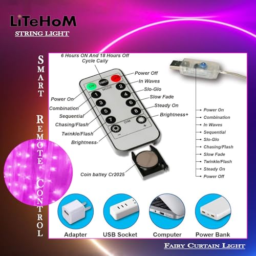 Litehom 300 LED Fairy Curtain String Lights – USB Powered Remote-Controlled Backdrop, Warm Ambience for Diwali, Navratri, Christmas & New Year Décor, (Pink) - Image 5