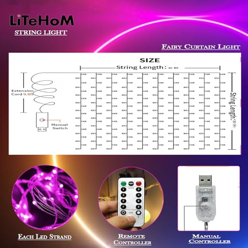 Litehom 300 LED Fairy Curtain String Lights – USB Powered Remote-Controlled Backdrop, Warm Ambience for Diwali, Navratri, Christmas & New Year Décor, (Pink) - Image 3