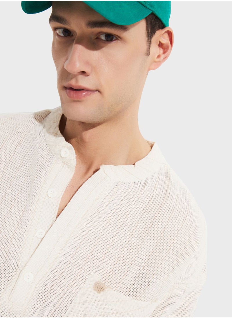 JUNE - Striped Grandad Collar Shirt - Image 1