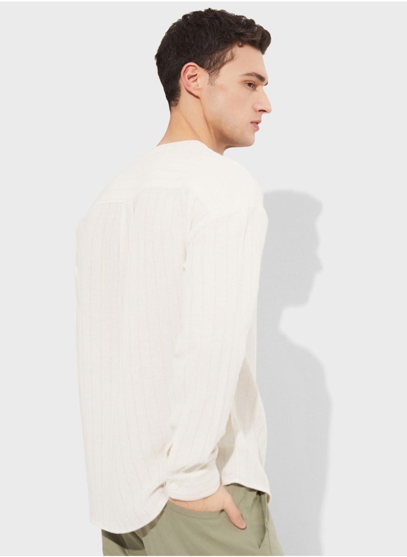 JUNE - Striped Grandad Collar Shirt - Image 1