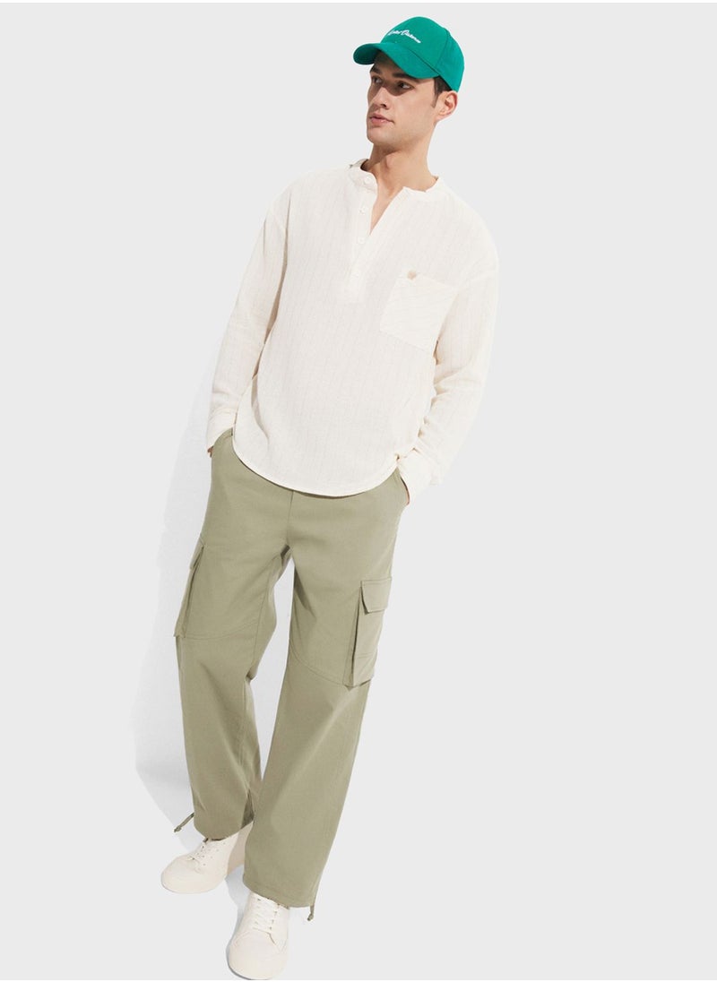 JUNE - Striped Grandad Collar Shirt - Image 1