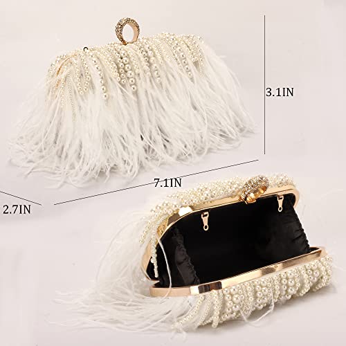 Menurra Women Real Natural Ostrich Feather Evening Bags Purses Clutch Vintage Banquet Handbag (white with pearl) - Image 5