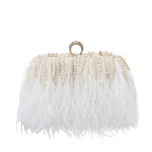 Menurra Women Real Natural Ostrich Feather Evening Bags Purses Clutch Vintage Banquet Handbag (white with pearl) - Image 1