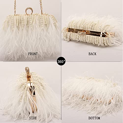 Menurra Women Real Natural Ostrich Feather Evening Bags Purses Clutch Vintage Banquet Handbag (white with pearl) - Image 4