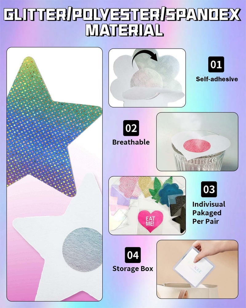 CICKEE 15 Pairs Nipple Pasties Set Rainbow Nipple Covers Sparkly Glitter Gradient Breast Stickers Cover with Portable Case for Raves Parties Daily Use-Silver-Colorful-Black - Image 2
