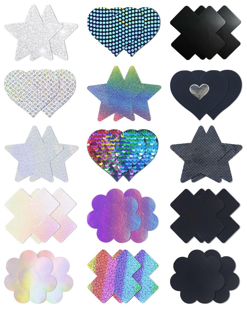 CICKEE 15 Pairs Nipple Pasties Set Rainbow Nipple Covers Sparkly Glitter Gradient Breast Stickers Cover with Portable Case for Raves Parties Daily Use-Silver-Colorful-Black - Image 1