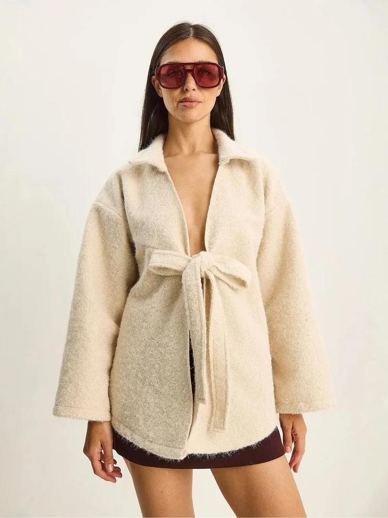 Bianco Lucci LUCCI Textured Oversized V-Neck Tie Closure Cardigan