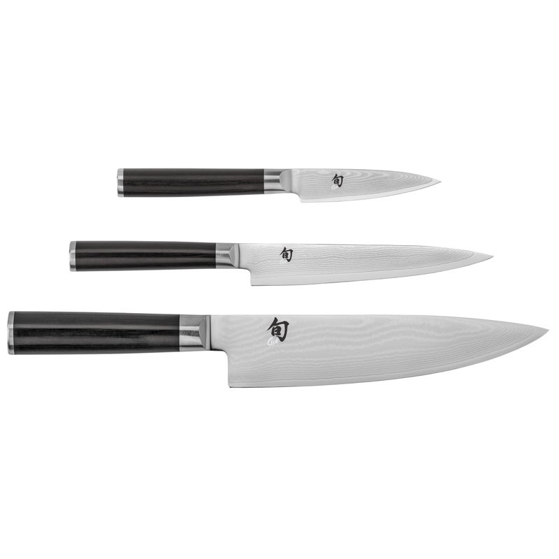 Shun Classic 3 Piece Starter Set Includes 8 Chef 35 Paring  6 Utility Knives Handcrafted Japanese Knife Set VGMAX Core with Damascus Stainless Steel Cladding Pakkawood Handle