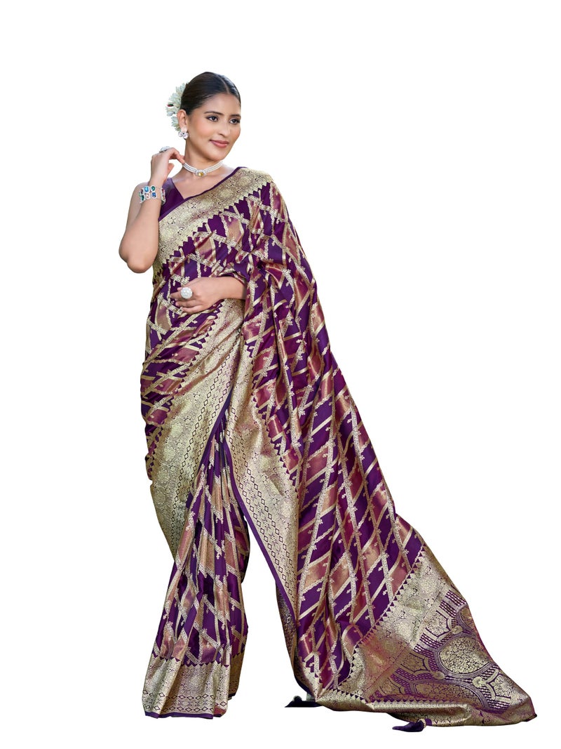 MANOHARI Women's Most Trendy Banarasi Satin Silk Woven Purple Wine Saree With Heavy Jacquard Work Saree With Blouse Piece_MN2045 - Image 1
