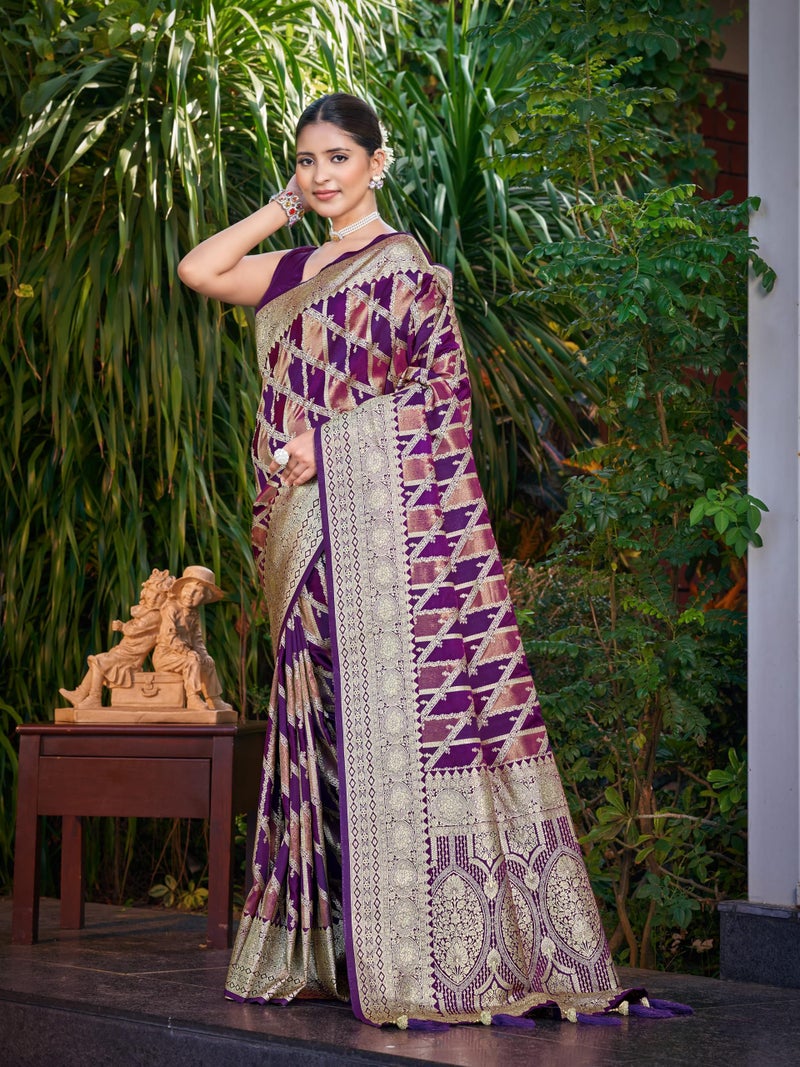 MANOHARI Women's Most Trendy Banarasi Satin Silk Woven Purple Wine Saree With Heavy Jacquard Work Saree With Blouse Piece_MN2045 - Image 2