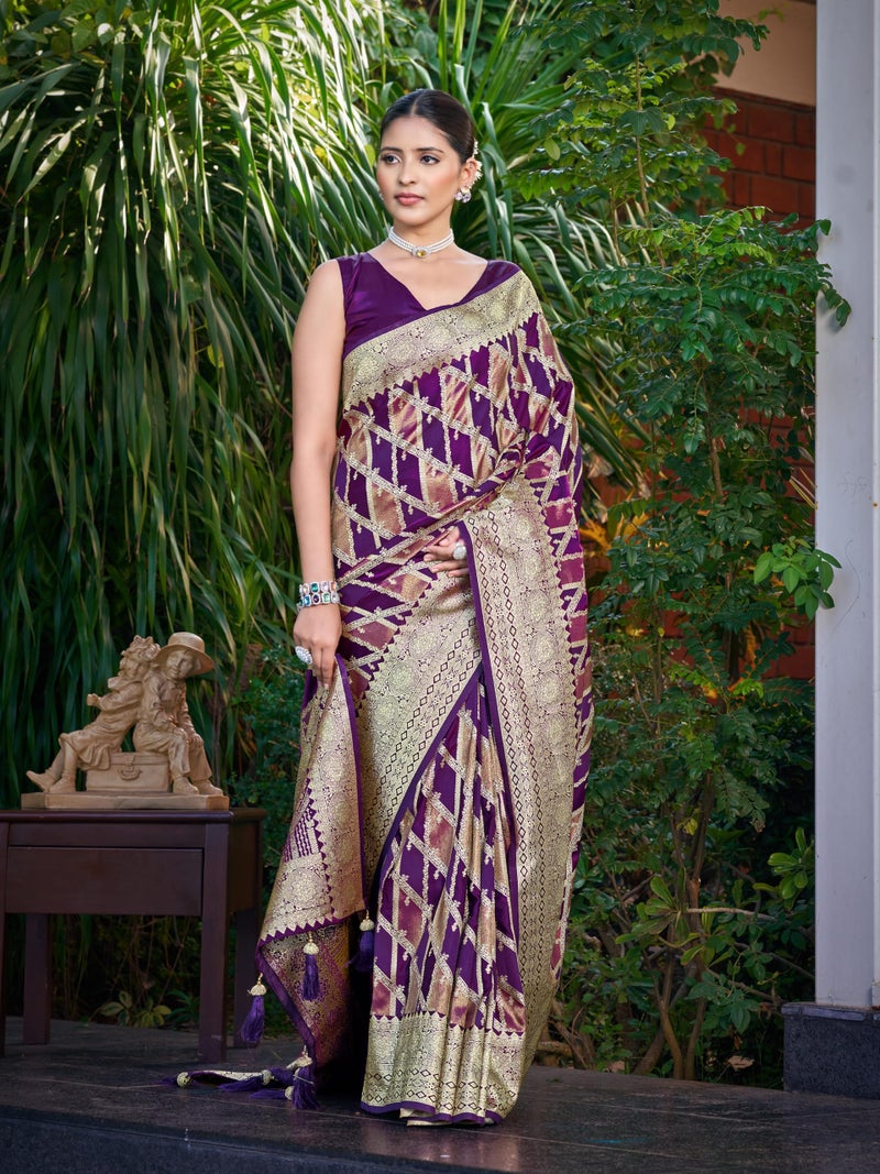 MANOHARI Women's Most Trendy Banarasi Satin Silk Woven Purple Wine Saree With Heavy Jacquard Work Saree With Blouse Piece_MN2045 - Image 5