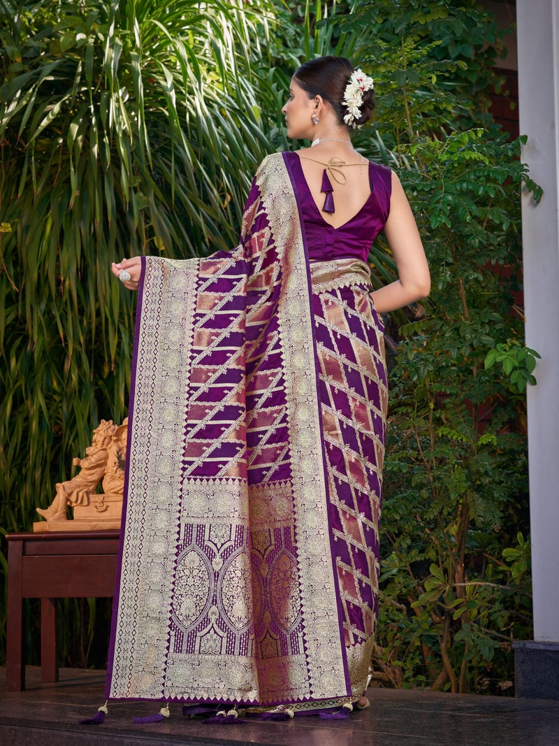 MANOHARI Women's Most Trendy Banarasi Satin Silk Woven Purple Wine Saree With Heavy Jacquard Work Saree With Blouse Piece_MN2045 - Image 3