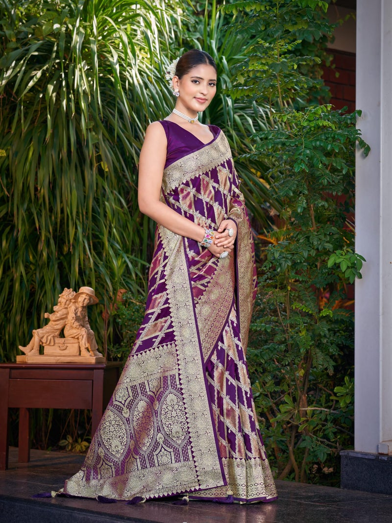 MANOHARI Women's Most Trendy Banarasi Satin Silk Woven Purple Wine Saree With Heavy Jacquard Work Saree With Blouse Piece_MN2045 - Image 4