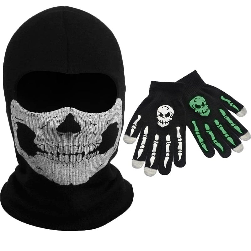 Generic greitenty Skull Ghost Mask Balaclava Glow in The Dark Skeleton Gloves Face Ski Mask Scarf Neck Gaiters for Men Cycling, A, One size - Image 1