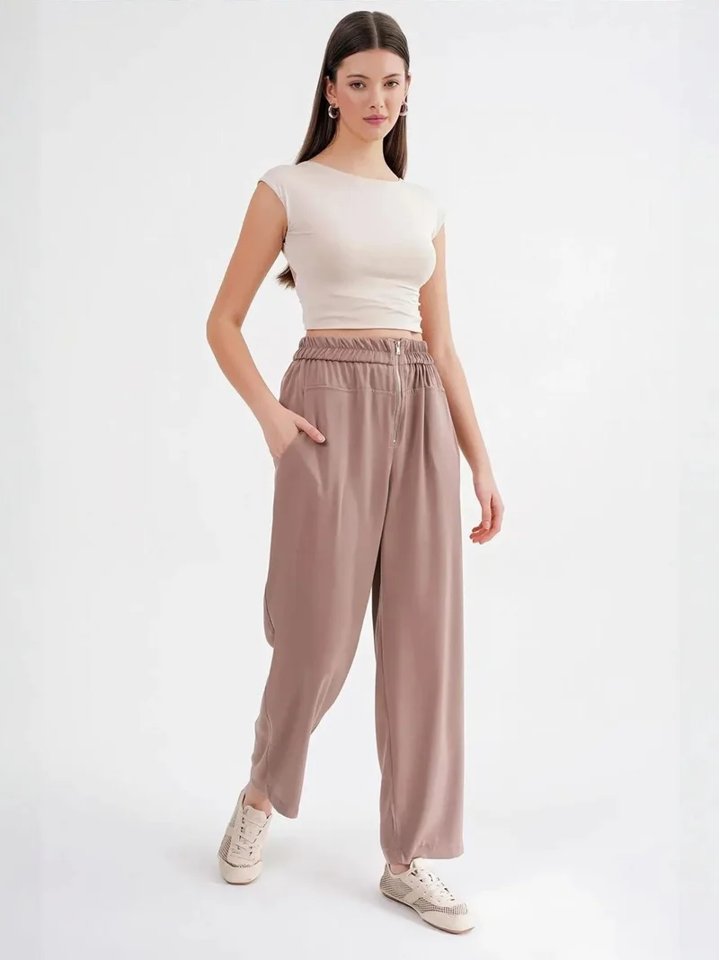 Mixray Mocha Brown Mixray Drawstring Waist Cigarette Jogger Pants for Women | Best Price UAE