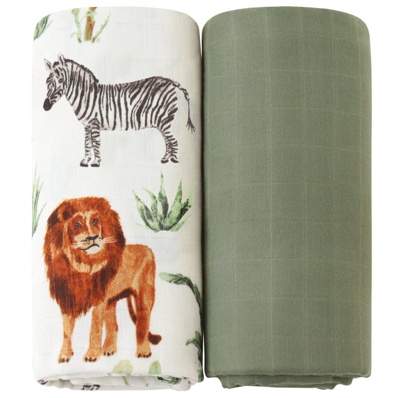 LifeTree Muslin Swaddle Blankets, Woodland Baby Swaddling Receiving Blanket for Boys & Girls, 70% Viscose from Bamboo and 30% Cotton, Large 47 x 47 inches Safari Jungle/Olive Green - Image 1