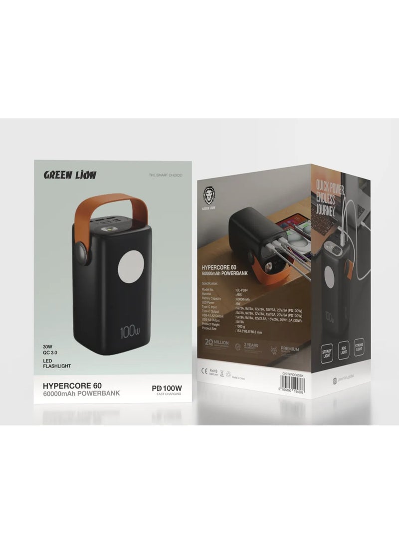 GREEN LION 60000 mAh Power Bank Hyper Core 60 PD 100W with Flashlight and Digital Display / Portable Handle / 3 USB-A Ports & 2 USB-C Ports / Fast Charging High Capacity Powerbank 60000mAh - Black - Image 3