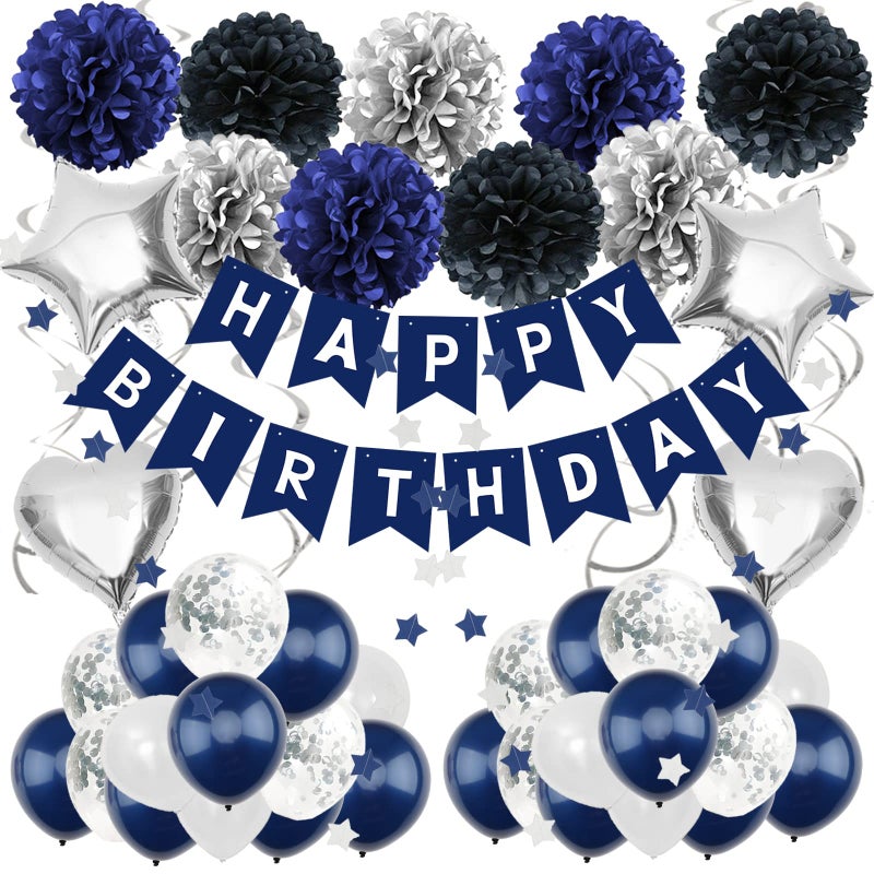 ZERODECO ZERODECO Birthday Decorations  Navy Blue Party Supplies With Banner Pompoms Balloons for Boys Girls Men  Women 