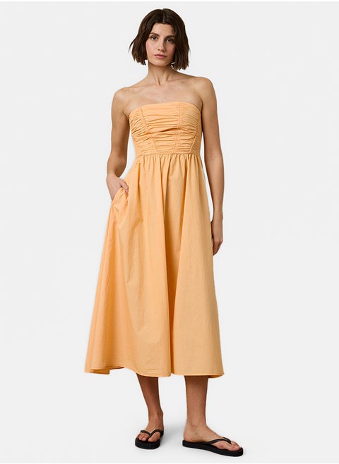 AE Strapless Ruched Poplin Midi Dress