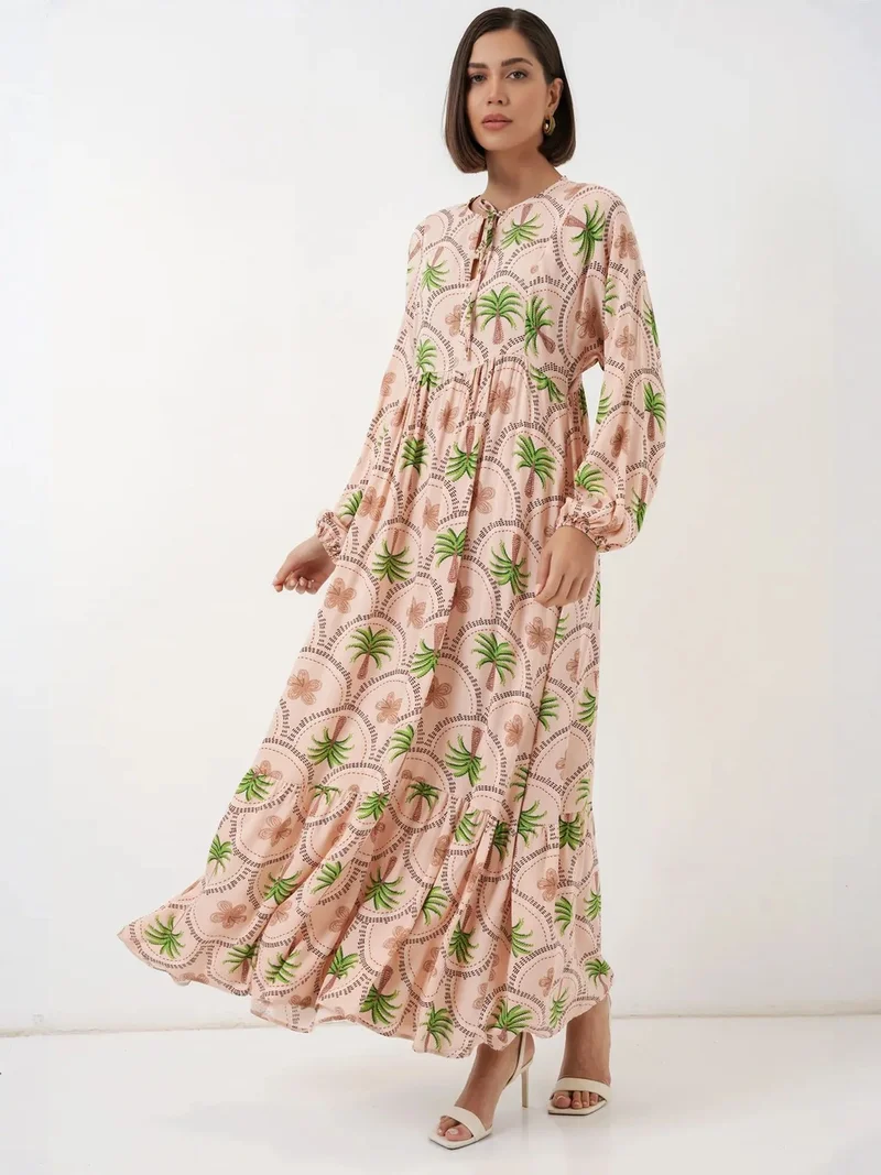 Big Dart Powder Pink BDART Tropical Printed Maxi Dress with Button Closure for Women | Best Price UAE
