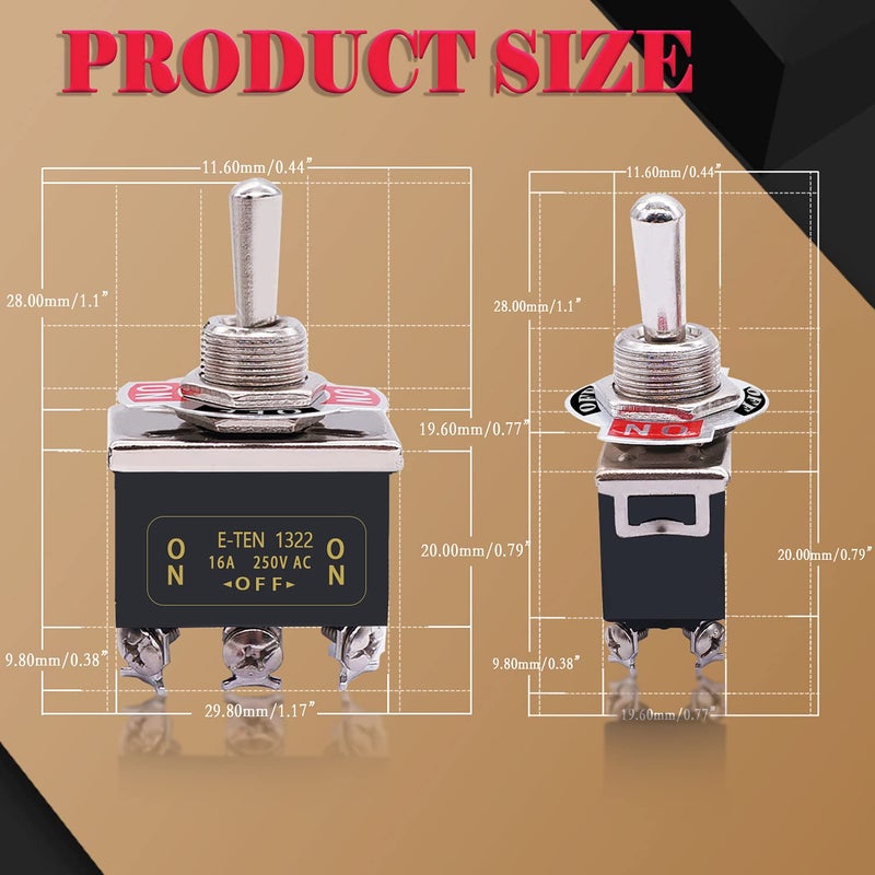 Twidec /3Pcs Heavy Duty Rocker Toggle Switch 16A 250V AC DPDT 3 Position 6 Pin ON/Off/ON Switch with Metal Bat Waterproof Boot Cap Cover Ten-1322-B203 - Image 5