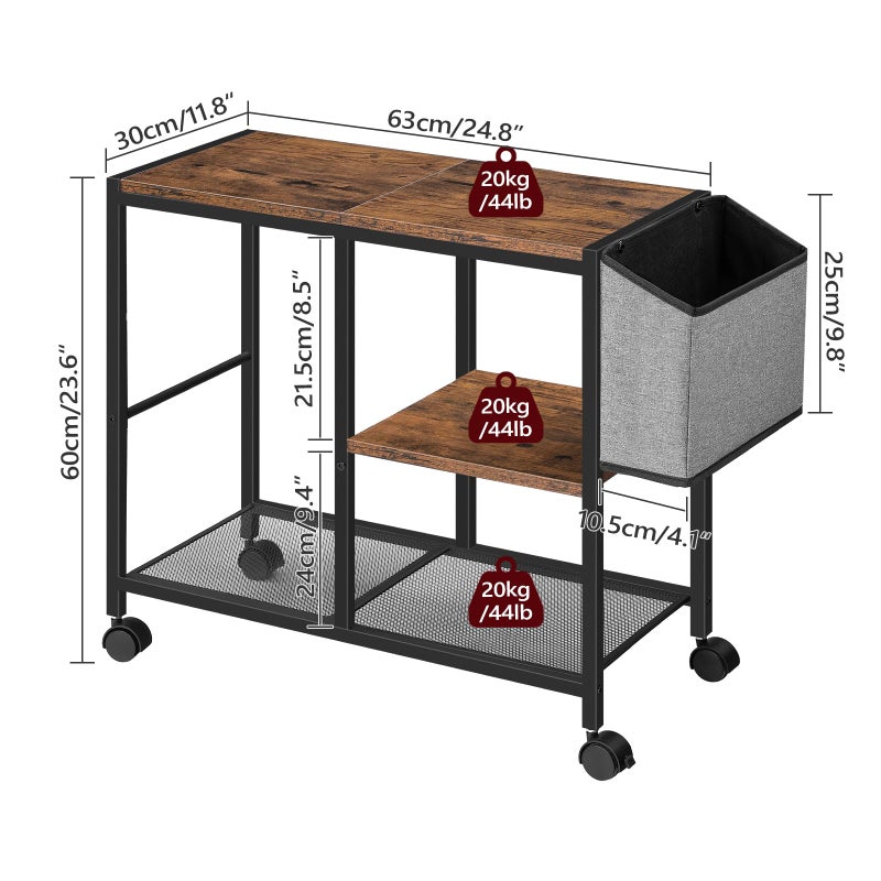 MAHANCRIS Printer Stand with Storage Bag, 3-Tier Mobile Under Desk Printer Cart with Wheels, Wood Rolling Printer Table, Organizer Shelf for Study, Office, Living Room, Rustic Brown PTHR2201 - Image 3