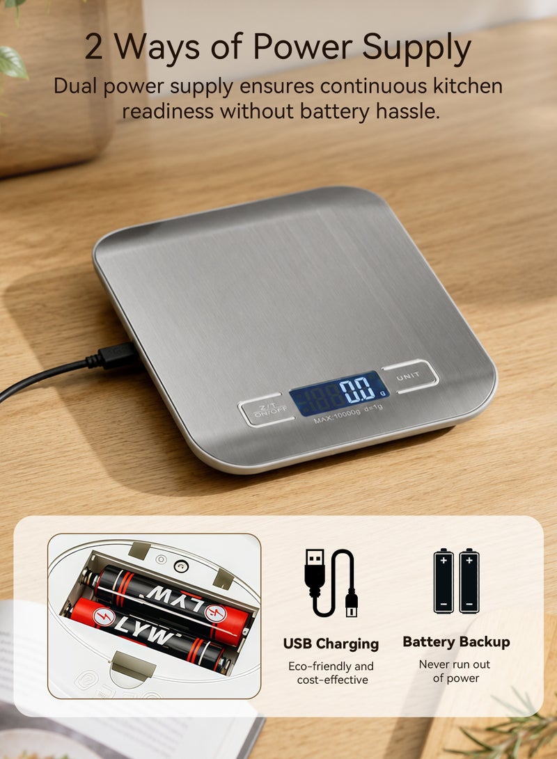ميزان مطبخ رقمي دقيق 10 كجم، ميزان طعام قابل لإعادة الشحن بمنفذ USB Type-C وشاشة LCD، سطح من الستانلس ستيل مع وحدات g/oz/lb/ml للطهي والخبز وتحضير الوجبات - Image 5