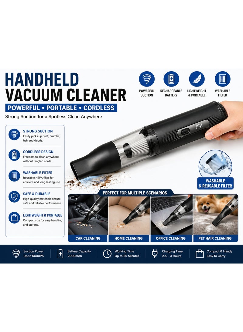 Portable Handheld Vacuum Cleaner, Cordless Mini Vacuum for Car & Home, Rechargeable, Lightweight, Black - Image 2