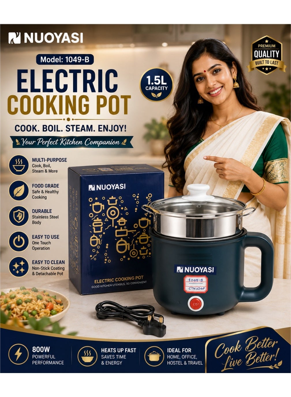 NUOYASI 1.5L Electric Cooking Pot for Smart Kitchen Cooking 1.5L electric pot, featuring quick boiling, steaming, durable design, easy cleaning, and efficient heating for homes, offices, hostels, and everyday delicious meals with confidence.