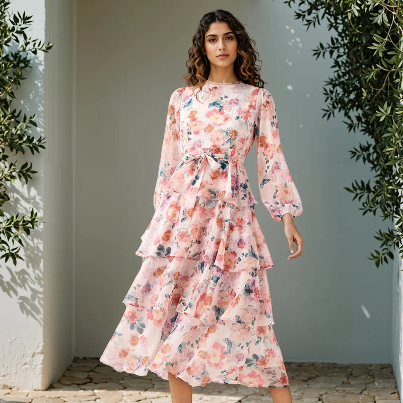 2Xtremz 2Xtremz Floral Print Tiered Dress with Lace and Bow Detail