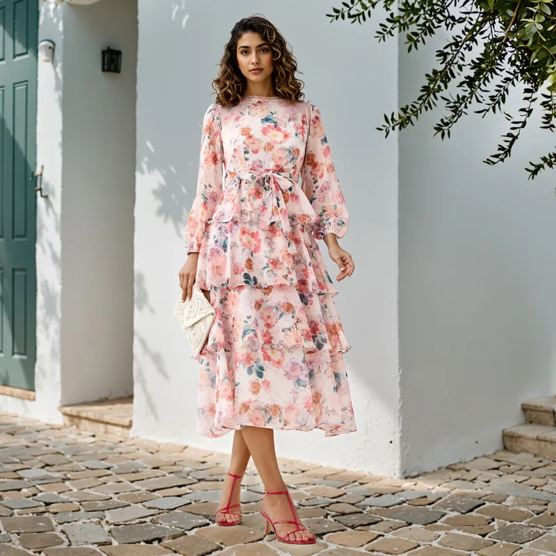 2Xtremz 2Xtremz Floral Print Tiered Dress with Lace and Bow Detail