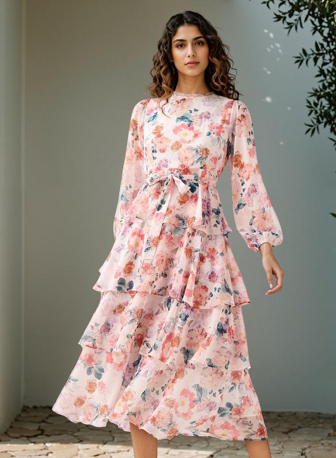 تواكستريمز فستان بطبعات زهور متعدد الطبقات مع تفاصيل دانتيل وشريط - Image 1