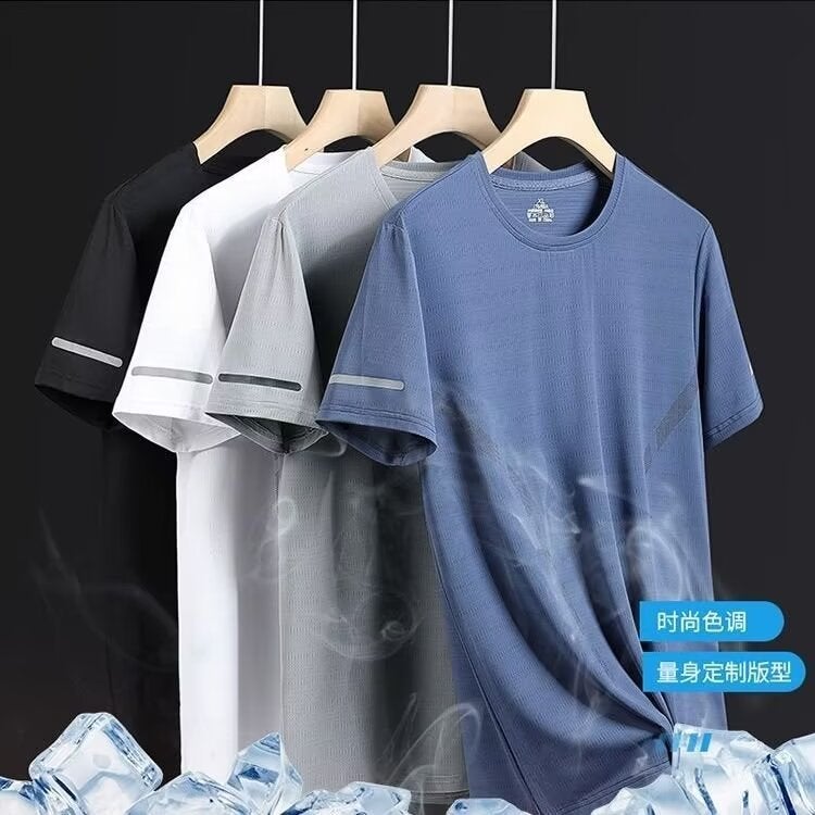 تي شيرت رياضي صيفي للرجال 2024 جديد رقيق خفيف الوزن بارد سريع الجفاف عصري من حرير الثلج بأكمام قصيرة عادي أسود - Image 5