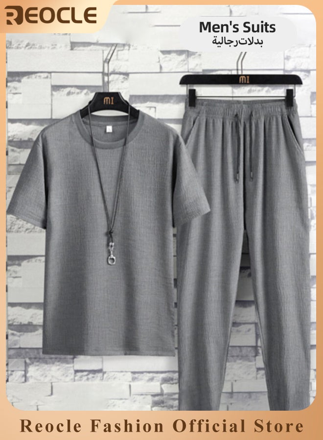 REOCLE 2 Piece Men's Ice Silk Suit Casual Short Sleeve Loose Pant with Solid Color Design & Comfortable & Breathable Summer Stretch Tracksuit Sweatpants Suit  - Image 1
