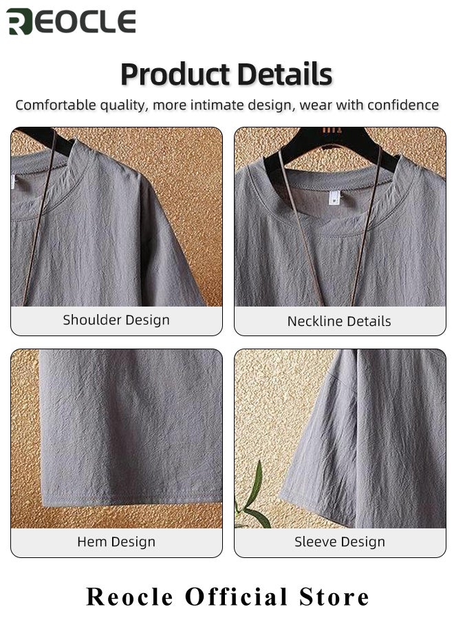REOCLE 2 Piece Men's Ice Silk Suit Casual Short Sleeve Loose Pant with Solid Color Design & Comfortable & Breathable Summer Stretch Tracksuit Sweatpants Suit  - Image 3
