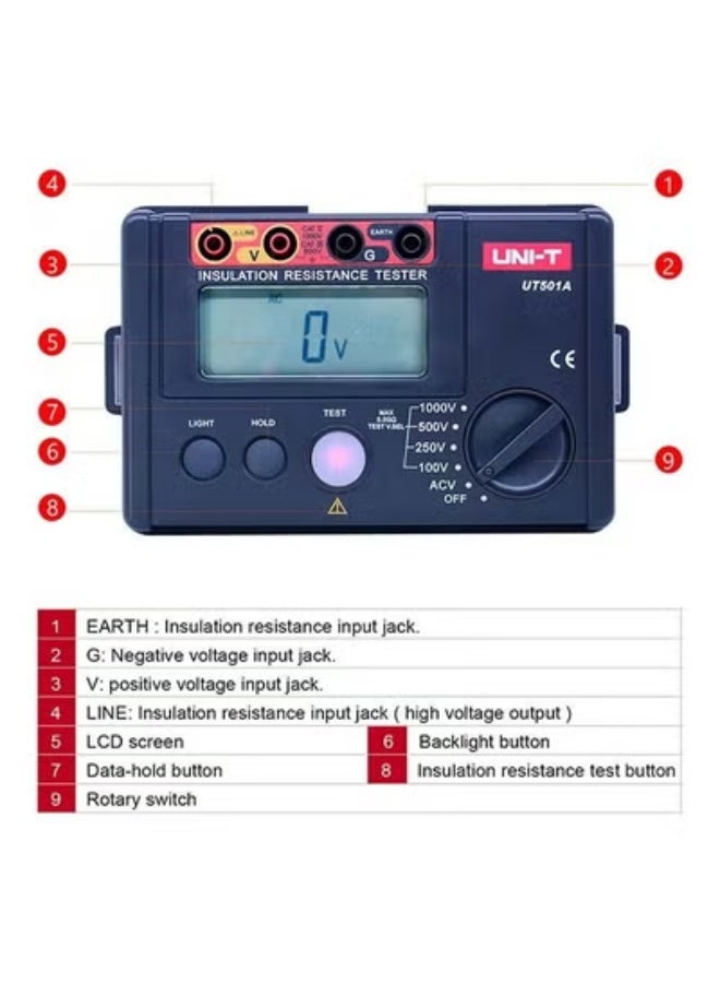UNI-T 1000V Insulation Resistance Tester Megohmmeter Ground Resistance Tester Meter with LCD Display, Backlight (UT501A) - Image 4