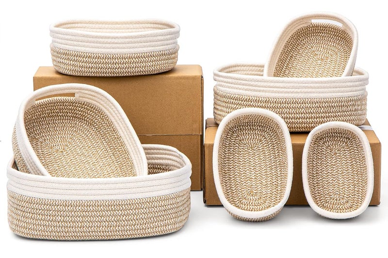 HLWDFLZ 7 Piece Cotton Rope Woven Basket Set  Small Basket for Baby Nursery Pets Montessori Dog  Cat Toy Boxes Bathroom Organization Bins WhiteBrown - Image 1