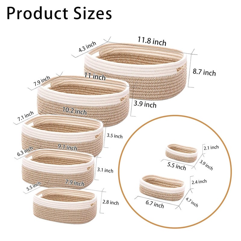 HLWDFLZ 7 Piece Cotton Rope Woven Basket Set  Small Basket for Baby Nursery Pets Montessori Dog  Cat Toy Boxes Bathroom Organization Bins WhiteBrown - Image 2