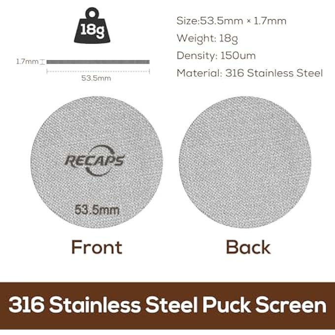 ريكابس فلتر قهوة معدني دائم من نوع إسبريسو بقطر 535 مم، سمك 17 مم، 150 م، مصنوع من الفولاذ المقاوم للصدأ 316 لسلة فلتر الإسبريسو - Image 2