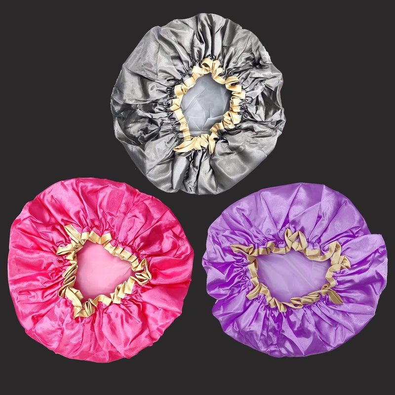 LDG WARE Women Waterproof Shower Cap, Free Size | Double Layer (Golden Border Shower Cap, Quantity - 3) - Image 1