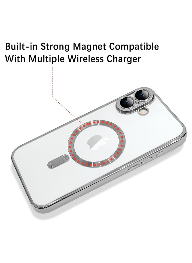 Magnetic Case Made for iPhone 16 Plus [Built-in Camera Lens Protector] [Compatible with MagSafe] Soft TPU Anti-Scratch Shockproof Protective Slim Clear Case for Women Men - Silver